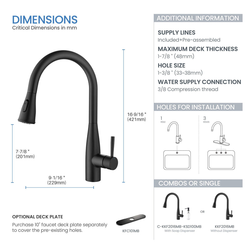 Kibi Bari-T Single Handle Pull Down Kitchen Sink Faucet With Soap Dispenser in Matte Black Finish - C-KKF2016MB-KSD100MB