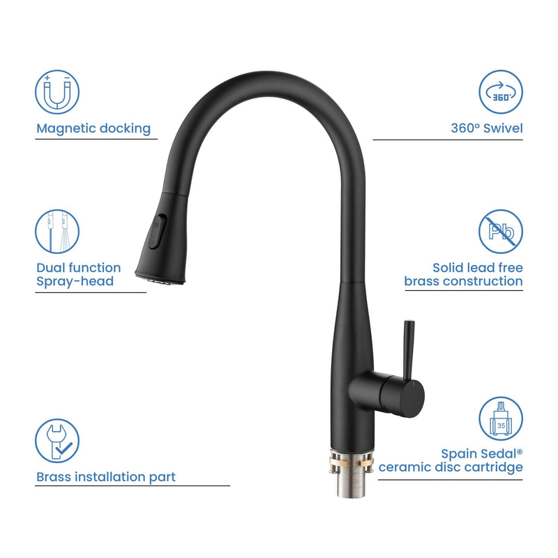 Kibi Bari-T Single Handle Pull Down Kitchen Sink Faucet With Soap Dispenser in Matte Black Finish - C-KKF2016MB-KSD100MB