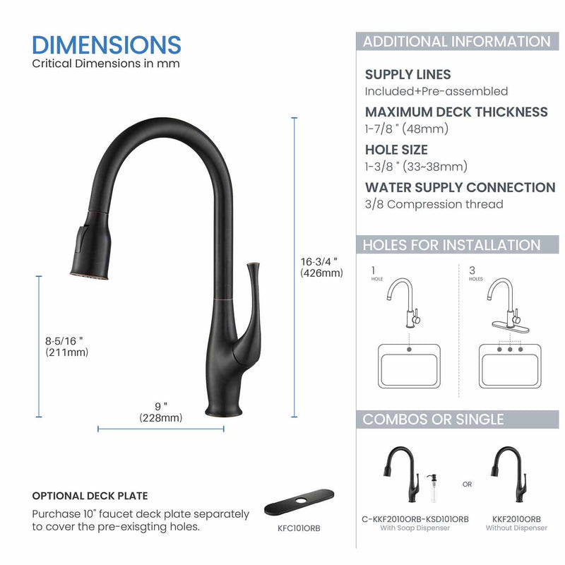 Kibi Cedar Single Handle High Arc Pull Down Kitchen Faucet With Soap Dispenser in Oil Rubbed Bronze Finish - C-KKF2010ORB-KSD101ORB