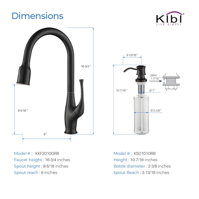 Kibi Cedar Single Handle High Arc Pull Down Kitchen Faucet With Soap Dispenser in Oil Rubbed Bronze Finish - C-KKF2010ORB-KSD101ORB