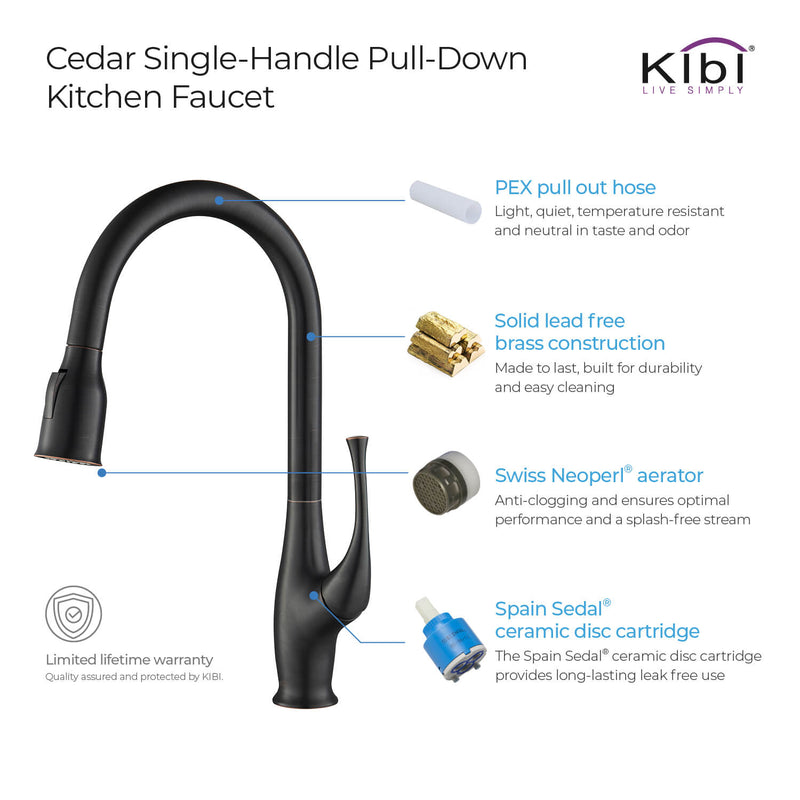 Kibi Cedar Single Handle High Arc Pull Down Kitchen Faucet With Soap Dispenser in Oil Rubbed Bronze Finish - C-KKF2010ORB-KSD101ORB