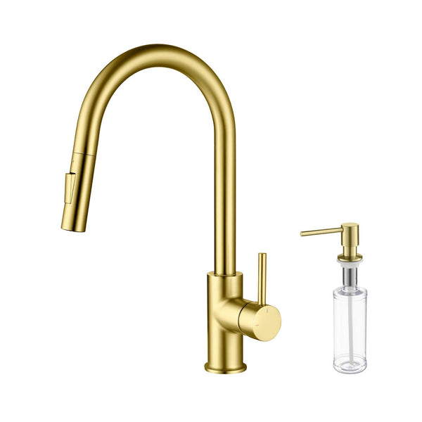 Kibi Circular Single Handle Pull Down Kitchen Faucet With Soap Dispenser in Brushed Gold Finish - C-KKF2013BG-KSD100BG