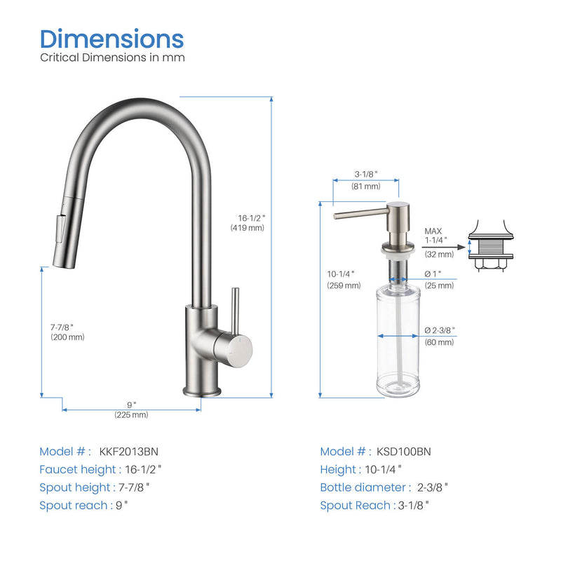 Kibi Circular Single Handle Pull Down Kitchen Faucet With Soap Dispenser in Brushed Nickel Finish - C-KKF2013BN-KSD100BN