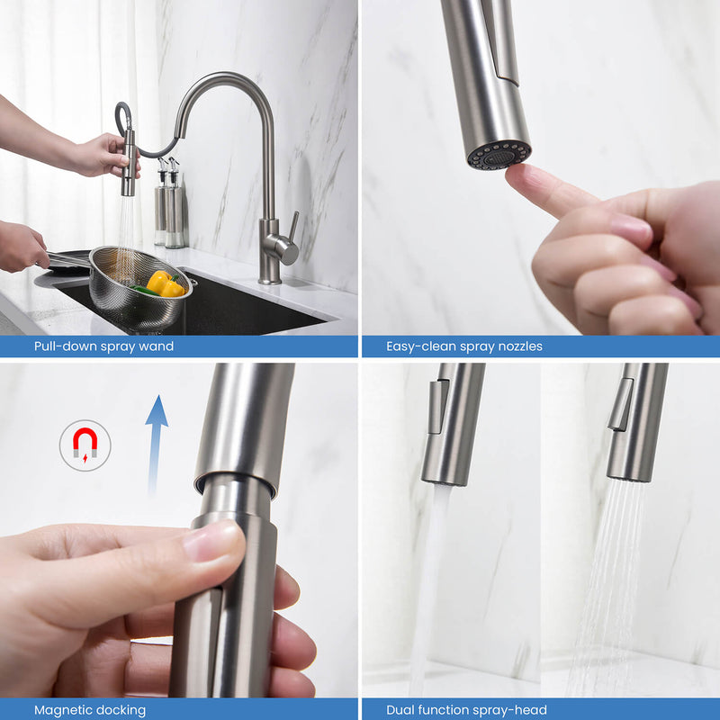 Kibi Circular Single Handle Pull Down Kitchen Faucet With Soap Dispenser in Brushed Nickel Finish - C-KKF2013BN-KSD100BN