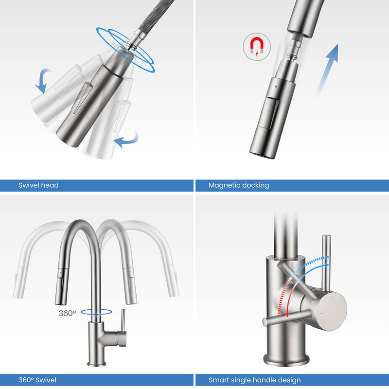 Kibi Circular Single Handle Pull Down Kitchen Faucet With Soap Dispenser in Brushed Nickel Finish - C-KKF2013BN-KSD100BN