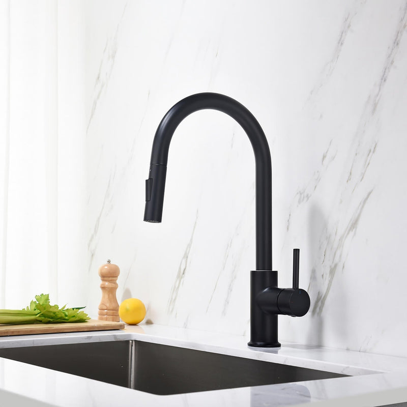 Kibi Circular Single Handle Pull Down Kitchen Faucet With Soap Dispenser in Matte Black Finish - C-KKF2013MB-KSD100MB