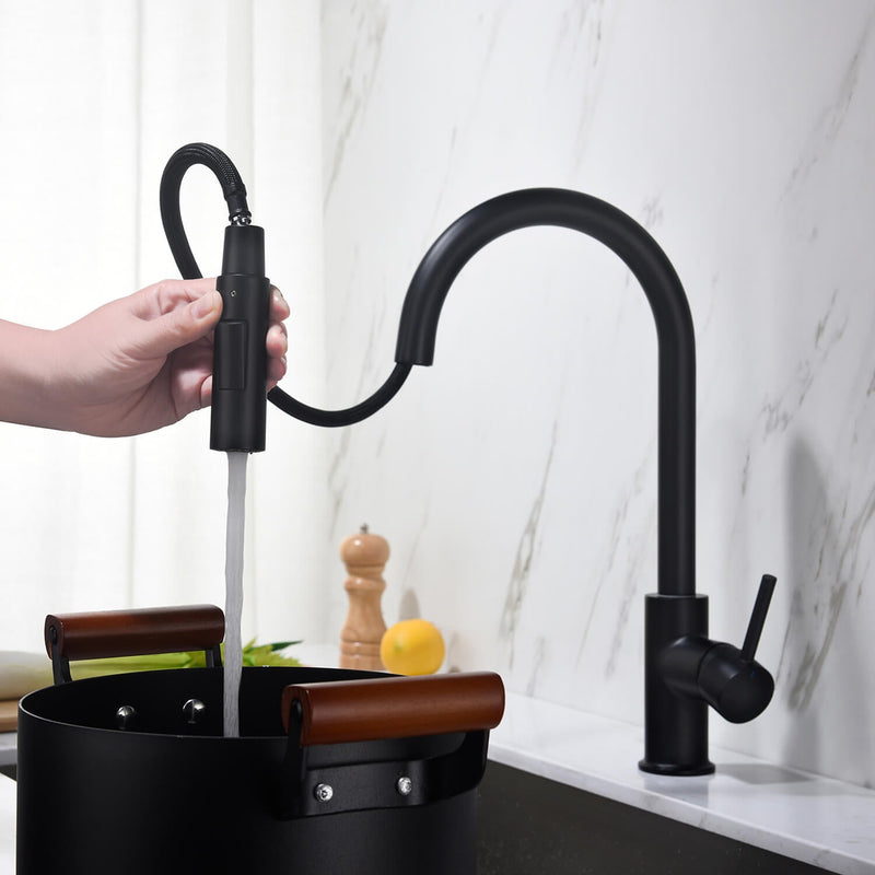 Kibi Circular Single Handle Pull Down Kitchen Faucet With Soap Dispenser in Matte Black Finish - C-KKF2013MB-KSD100MB