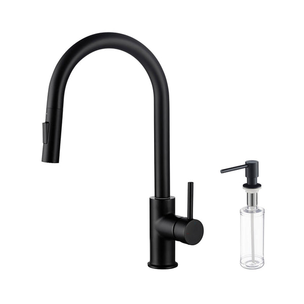 Kibi Circular Single Handle Pull Down Kitchen Faucet With Soap Dispenser in Matte Black Finish - C-KKF2013MB-KSD100MB