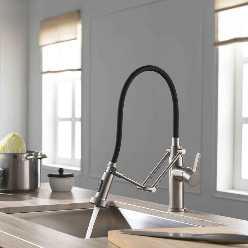 Kibi Engel Single Handle Pull Down Kitchen Faucet In Brushed Nickel Finish - KKF2014BN