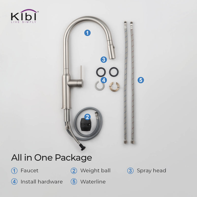 Kibi Hilo Single Handle High Arc Pull Down Kitchen Faucet With Soap Dispenser in Brushed Nickel Finish - C-KKF2008BN-KSD100BN