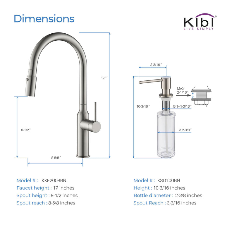 Kibi Hilo Single Handle High Arc Pull Down Kitchen Faucet With Soap Dispenser in Brushed Nickel Finish - C-KKF2008BN-KSD100BN