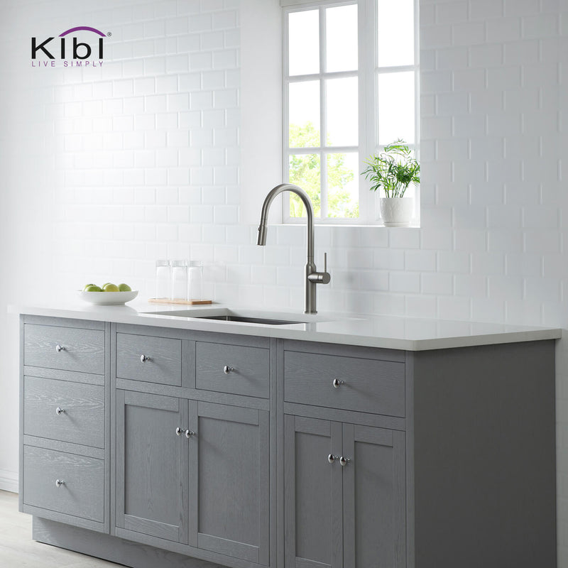 Kibi Hilo Single Handle High Arc Pull Down Kitchen Faucet With Soap Dispenser in Brushed Nickel Finish - C-KKF2008BN-KSD100BN