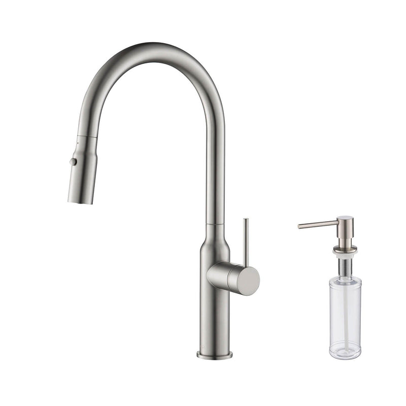 Kibi Hilo Single Handle High Arc Pull Down Kitchen Faucet With Soap Dispenser in Brushed Nickel Finish - C-KKF2008BN-KSD100BN