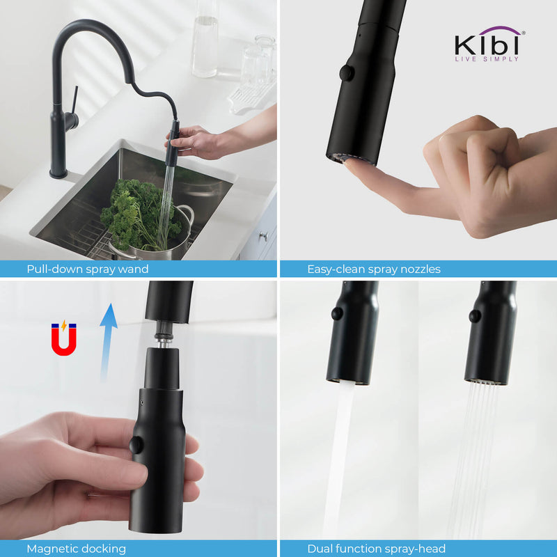 Kibi Hilo Single Handle High Arc Pull Down Kitchen Faucet With Soap Dispenser in Matte Black Finish - C-KKF2008MB-KSD100MB