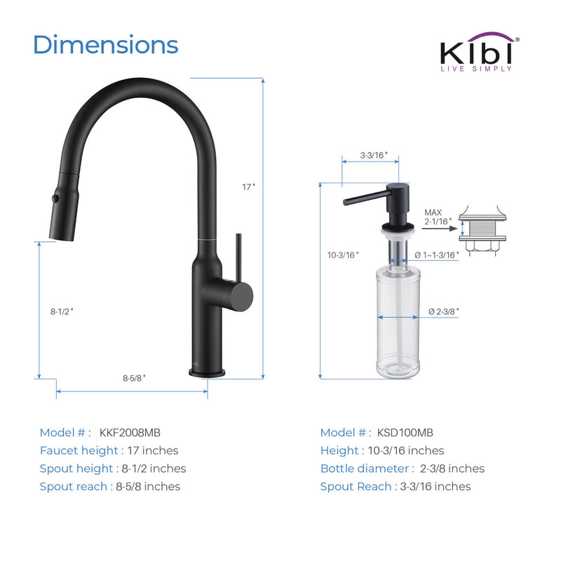 Kibi Hilo Single Handle High Arc Pull Down Kitchen Faucet With Soap Dispenser in Matte Black Finish - C-KKF2008MB-KSD100MB