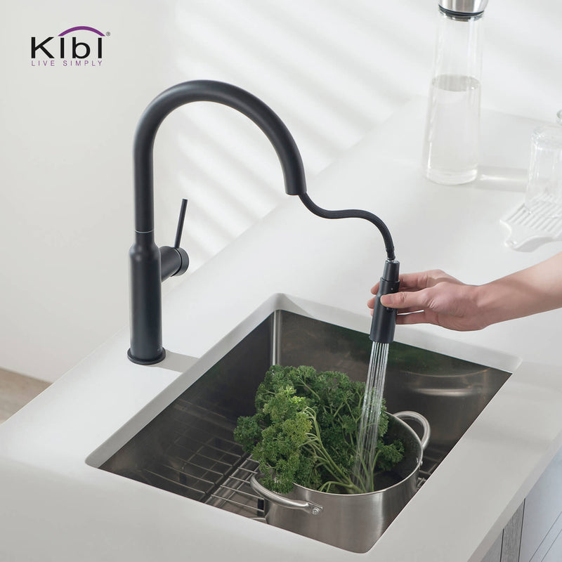 Kibi Hilo Single Handle High Arc Pull Down Kitchen Faucet With Soap Dispenser in Matte Black Finish - C-KKF2008MB-KSD100MB