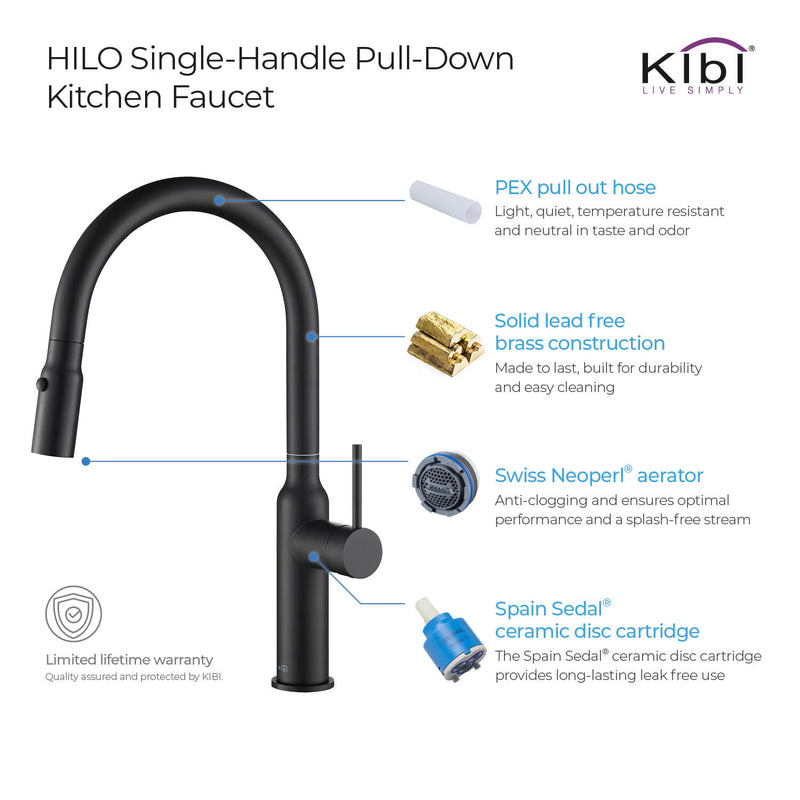 Kibi Hilo Single Handle High Arc Pull Down Kitchen Faucet With Soap Dispenser in Matte Black Finish - C-KKF2008MB-KSD100MB