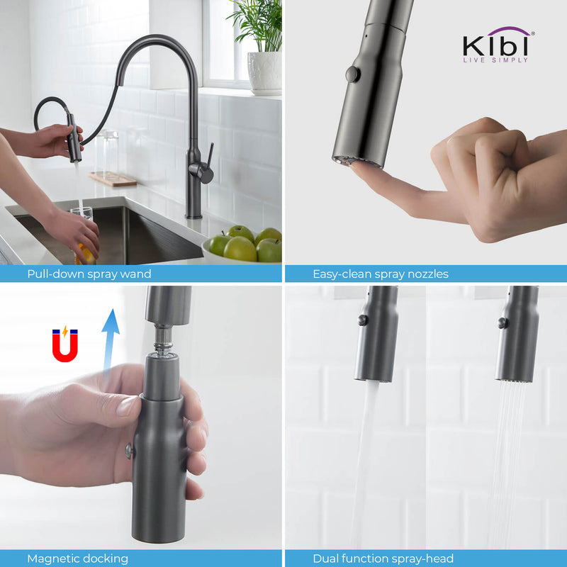 Kibi Hilo Single Handle High Arc Pull Down Kitchen Faucet With Soap Dispenser in Titanium Finish - C-KKF2008TT-KSD100TT