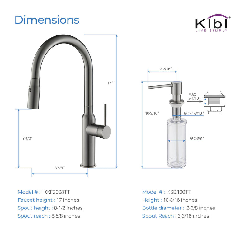 Kibi Hilo Single Handle High Arc Pull Down Kitchen Faucet With Soap Dispenser in Titanium Finish - C-KKF2008TT-KSD100TT