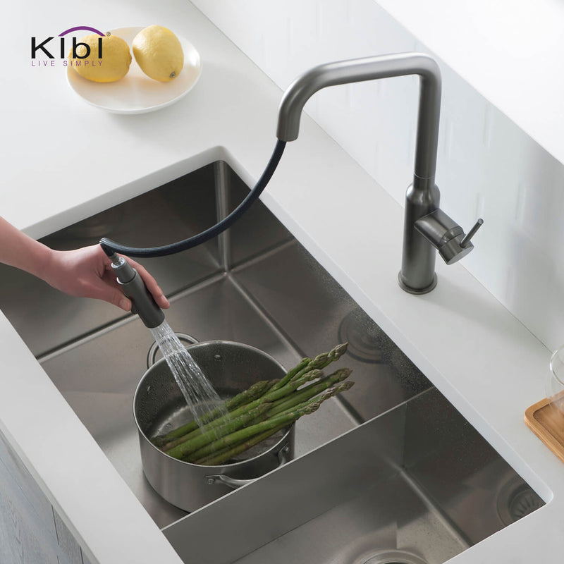 Kibi Hilo Single Handle High Arc Pull Down Kitchen Faucet With Soap Dispenser in Titanium Finish - C-KKF2008TT-KSD100TT