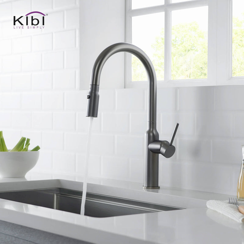 Kibi Hilo Single Handle High Arc Pull Down Kitchen Faucet With Soap Dispenser in Titanium Finish - C-KKF2008TT-KSD100TT