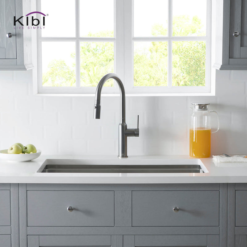 Kibi Hilo Single Handle High Arc Pull Down Kitchen Faucet With Soap Dispenser in Titanium Finish - C-KKF2008TT-KSD100TT