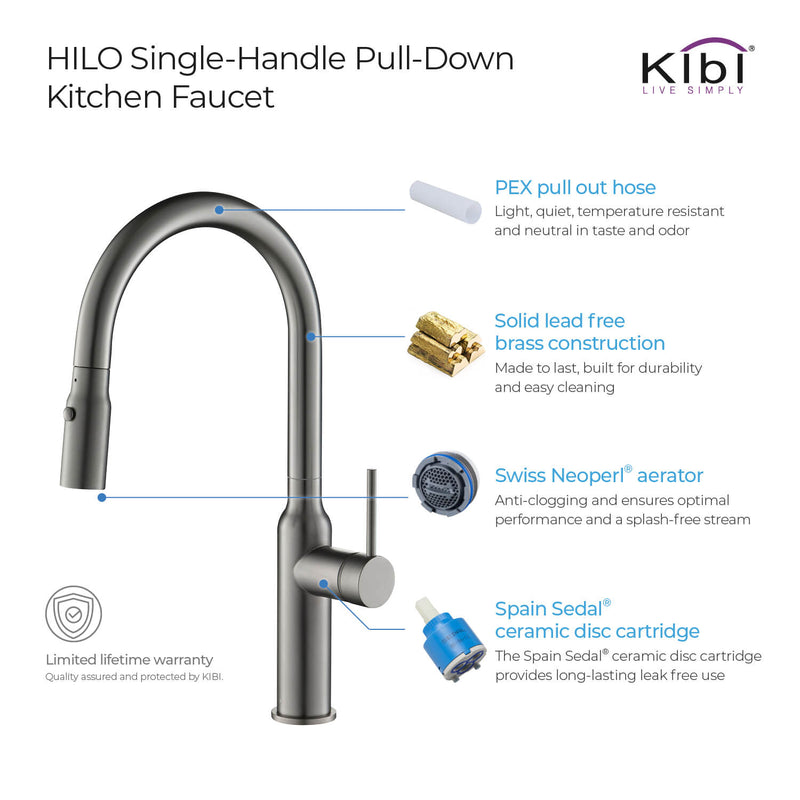 Kibi Hilo Single Handle High Arc Pull Down Kitchen Faucet With Soap Dispenser in Titanium Finish - C-KKF2008TT-KSD100TT