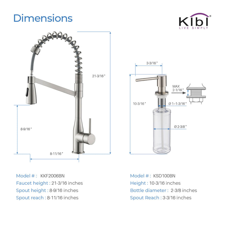 Kibi Largo Single Handle Pull Down Kitchen Faucet With Soap Dispenser in Brushed Nickel Finish - C-KKF2006BN-KSD100BN