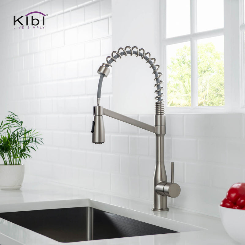 Kibi Largo Single Handle Pull Down Kitchen Faucet With Soap Dispenser in Brushed Nickel Finish - C-KKF2006BN-KSD100BN