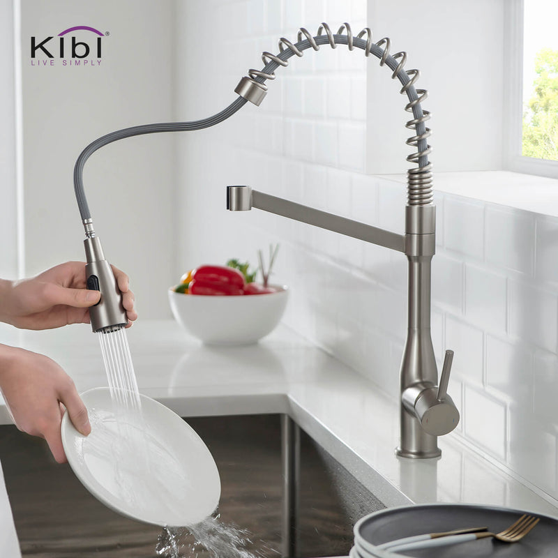 Kibi Largo Single Handle Pull Down Kitchen Faucet With Soap Dispenser in Brushed Nickel Finish - C-KKF2006BN-KSD100BN