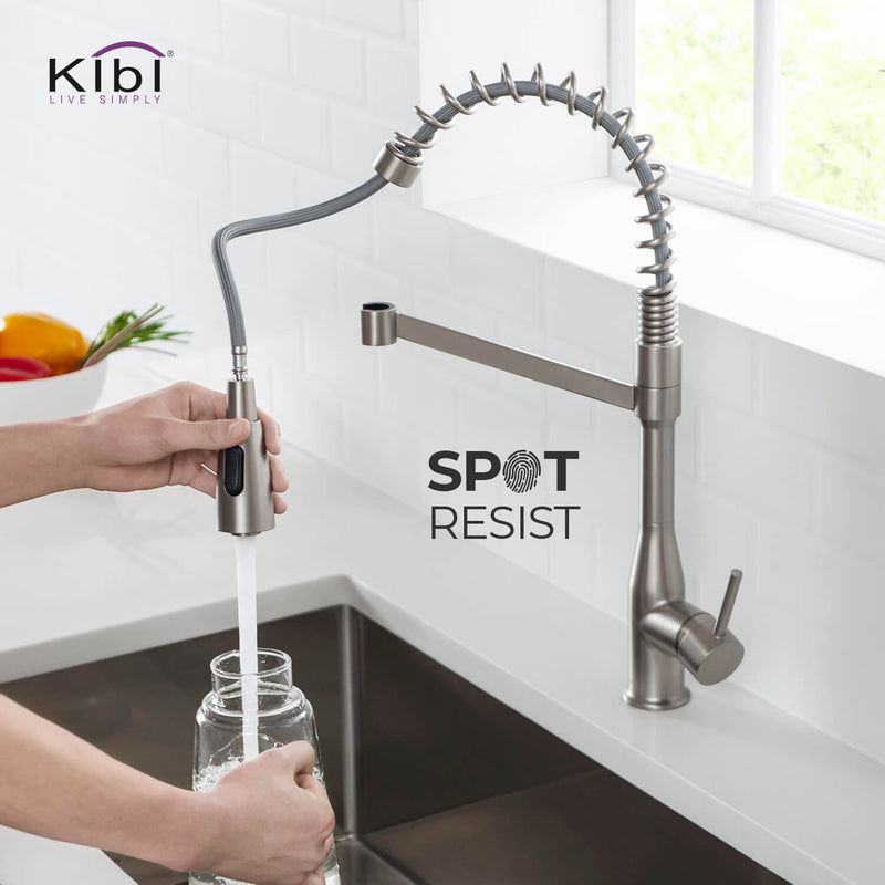 Kibi Largo Single Handle Pull Down Kitchen Faucet With Soap Dispenser in Brushed Nickel Finish - C-KKF2006BN-KSD100BN