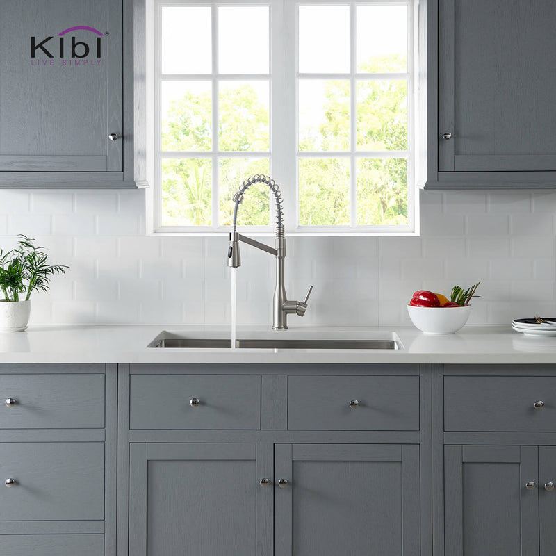 Kibi Largo Single Handle Pull Down Kitchen Faucet With Soap Dispenser in Brushed Nickel Finish - C-KKF2006BN-KSD100BN