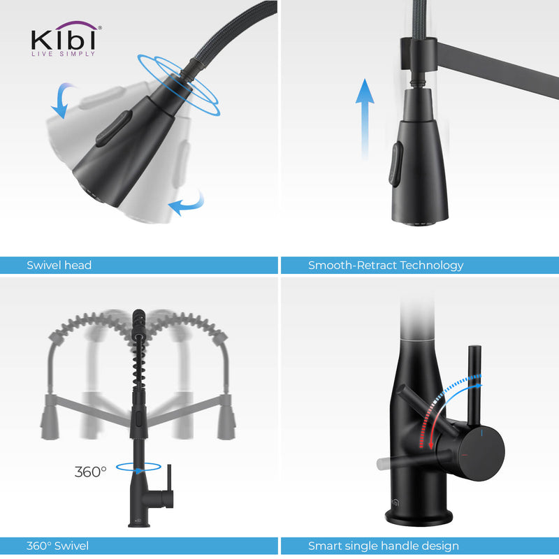 Kibi Largo Single Handle Pull Down Kitchen Faucet With Soap Dispenser in Matte Black Finish - C-KKF2006MB-KSD100MB