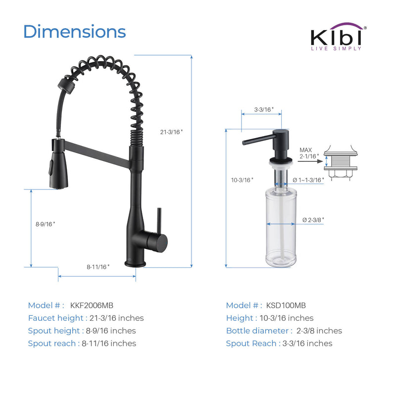 Kibi Largo Single Handle Pull Down Kitchen Faucet With Soap Dispenser in Matte Black Finish - C-KKF2006MB-KSD100MB