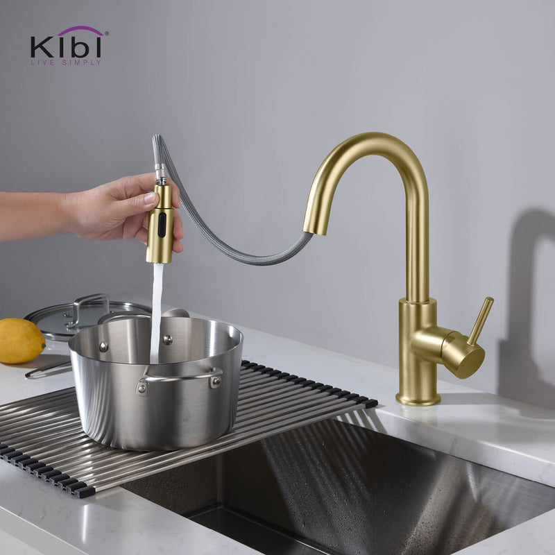 Kibi Luxe Single Handle High Arc Pull Down Kitchen Faucet With Soap Dispenser in Brushed Gold Finish - C-KKF2011BG-KSD100BG