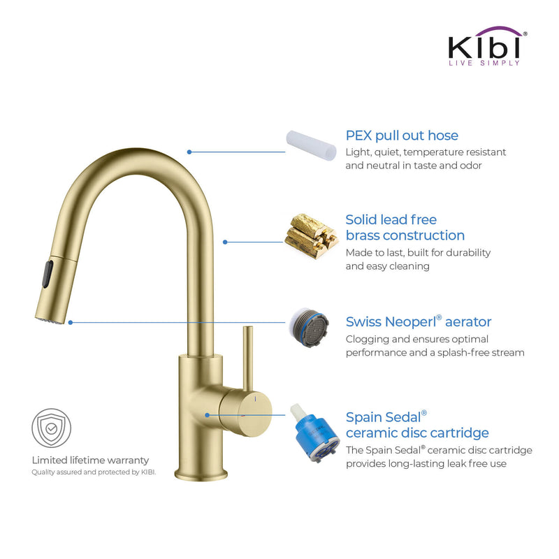 Kibi Luxe Single Handle High Arc Pull Down Kitchen Faucet With Soap Dispenser in Brushed Gold Finish - C-KKF2011BG-KSD100BG