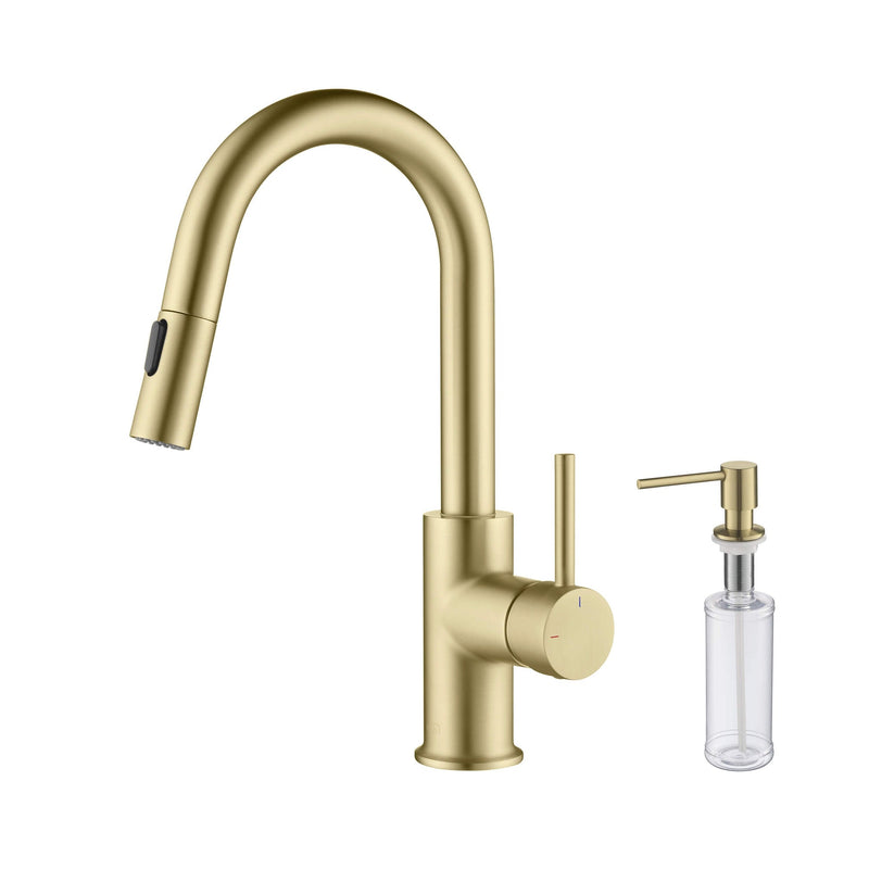 Kibi Luxe Single Handle High Arc Pull Down Kitchen Faucet With Soap Dispenser in Brushed Gold Finish - C-KKF2011BG-KSD100BG