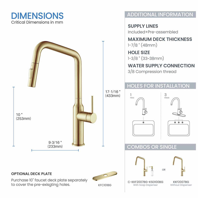 Kibi Macon Single Handle High Arc Pull Down Kitchen Faucet With Soap Dispenser in Brushed Gold Finish - C-KKF2007BG-KSD100BG