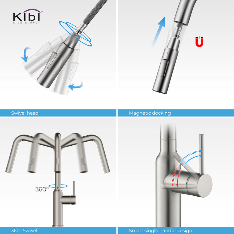 Kibi Macon Single Handle High Arc Pull Down Kitchen Faucet With Soap Dispenser in Brushed Nickel Finish - C-KKF2007BN-KSD100BN