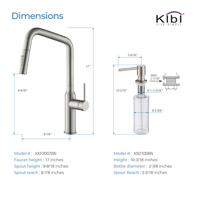 Kibi Macon Single Handle High Arc Pull Down Kitchen Faucet With Soap Dispenser in Brushed Nickel Finish - C-KKF2007BN-KSD100BN