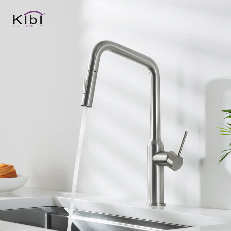 Kibi Macon Single Handle High Arc Pull Down Kitchen Faucet With Soap Dispenser in Brushed Nickel Finish - C-KKF2007BN-KSD100BN