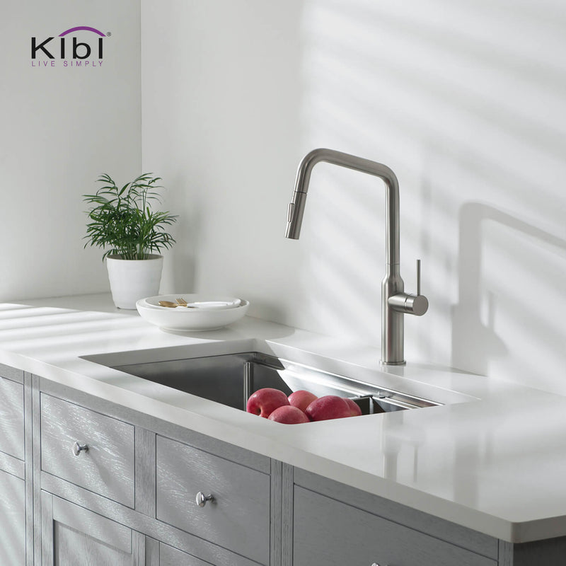 Kibi Macon Single Handle High Arc Pull Down Kitchen Faucet With Soap Dispenser in Brushed Nickel Finish - C-KKF2007BN-KSD100BN