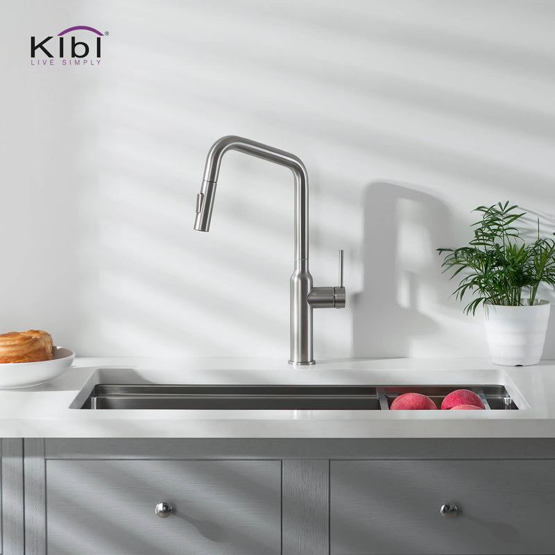 Kibi Macon Single Handle High Arc Pull Down Kitchen Faucet With Soap Dispenser in Brushed Nickel Finish - C-KKF2007BN-KSD100BN