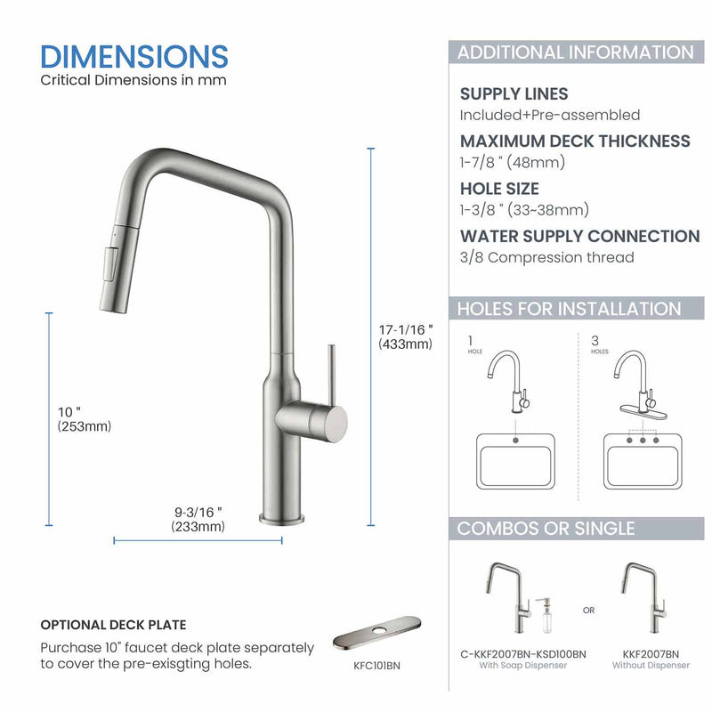 Kibi Macon Single Handle High Arc Pull Down Kitchen Faucet With Soap Dispenser in Brushed Nickel Finish - C-KKF2007BN-KSD100BN