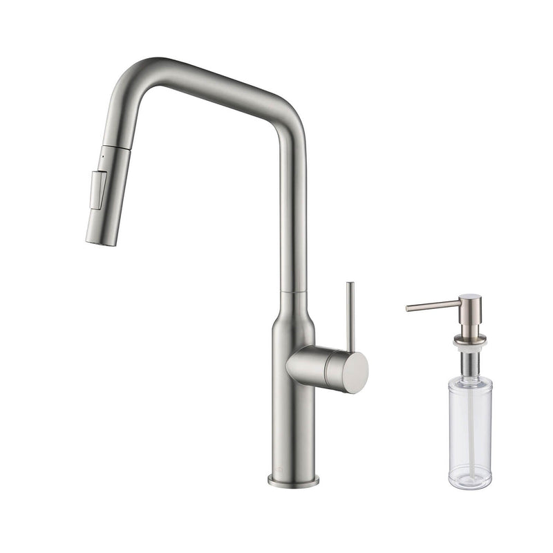 Kibi Macon Single Handle High Arc Pull Down Kitchen Faucet With Soap Dispenser in Brushed Nickel Finish - C-KKF2007BN-KSD100BN