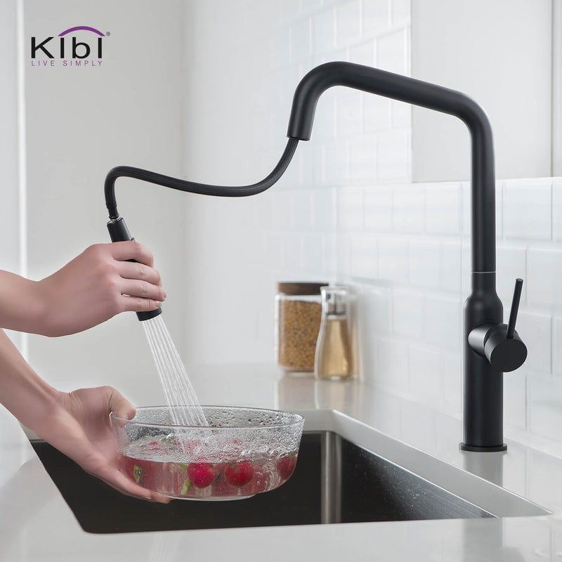 Kibi Macon Single Handle High Arc Pull Down Kitchen Faucet With Soap Dispenser in Matte Black Finish - C-KKF2007MB-KSD100MB