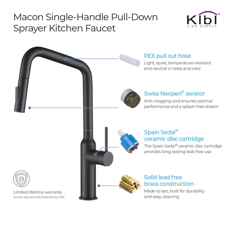 Kibi Macon Single Handle High Arc Pull Down Kitchen Faucet With Soap Dispenser in Matte Black Finish - C-KKF2007MB-KSD100MB