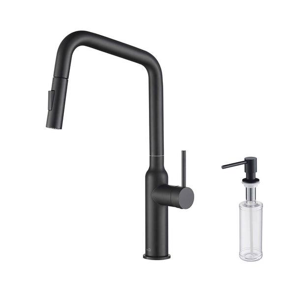 Kibi Macon Single Handle High Arc Pull Down Kitchen Faucet With Soap Dispenser in Matte Black Finish - C-KKF2007MB-KSD100MB