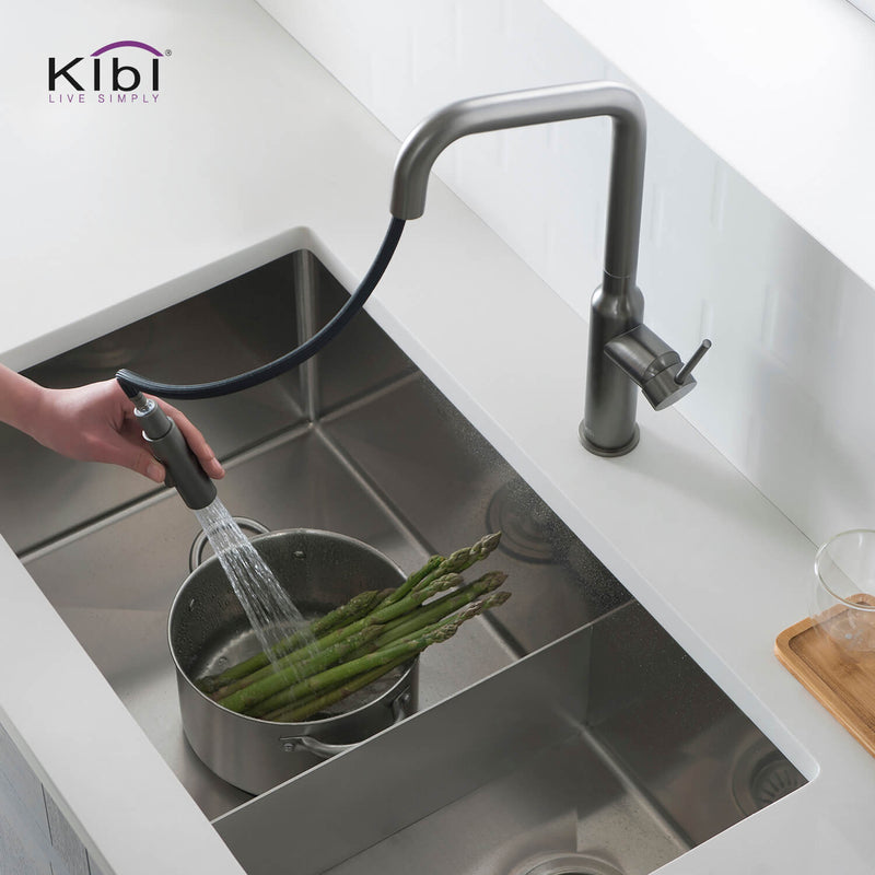 Kibi Macon Single Handle High Arc Pull Down Kitchen Faucet With Soap Dispenser in Titanium Finish - C-KKF2007TT-KSD100TT