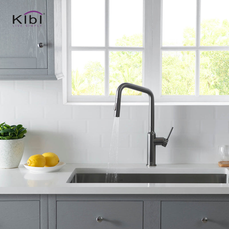 Kibi Macon Single Handle High Arc Pull Down Kitchen Faucet With Soap Dispenser in Titanium Finish - C-KKF2007TT-KSD100TT